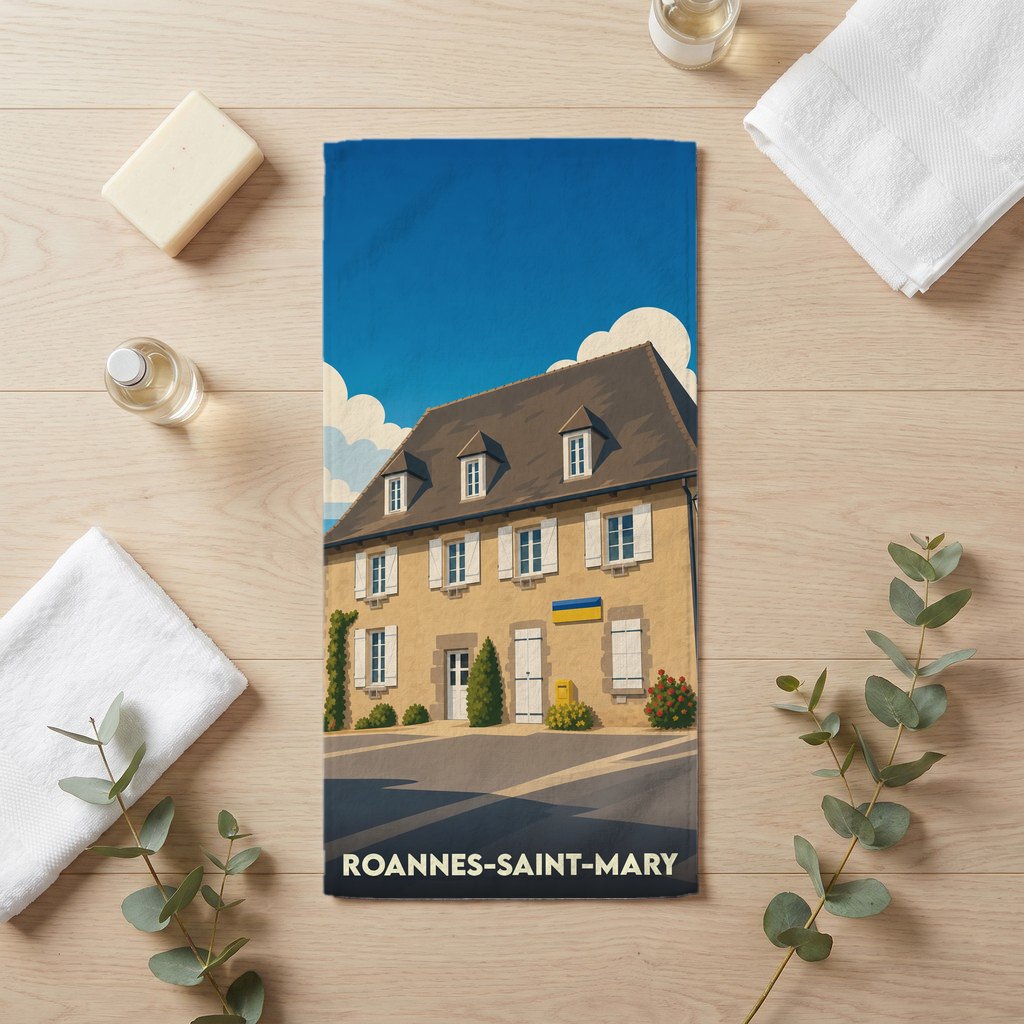 Serviette de bain souvenir de la ville de Roannes-Saint-Mary avec une illustration stylisée.