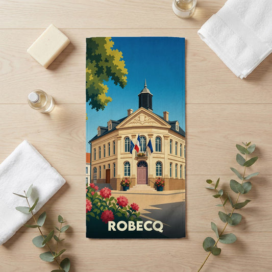 Serviette de bain souvenir de la ville de Robecq avec une illustration stylisée de son hôtel de ville.