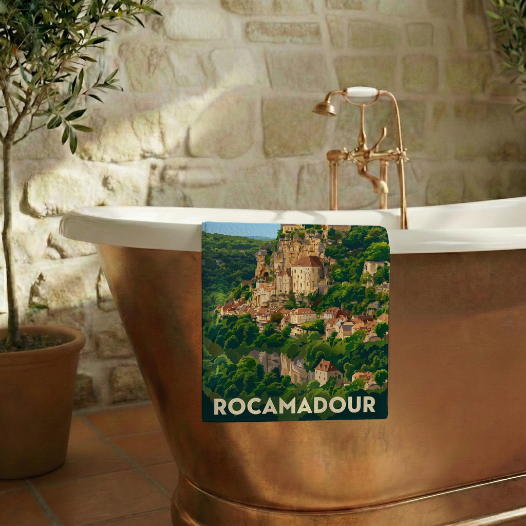 Serviette de bain souvenir de la ville de Rocamadour avec une illustration stylisée.