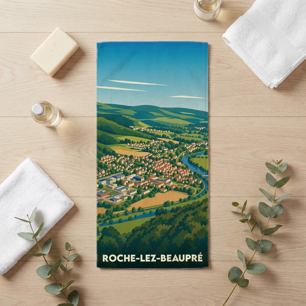 Serviette de bain souvenir de la ville de Roche-lez-Beaupré avec une illustration paysagère stylisée.