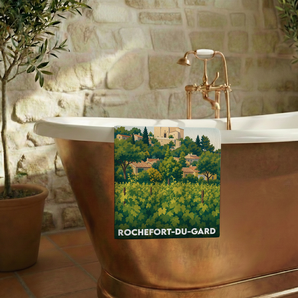 Serviette de bain souvenir de Rochefort-du-Gard avec une illustration stylisée de son paysage provençal.