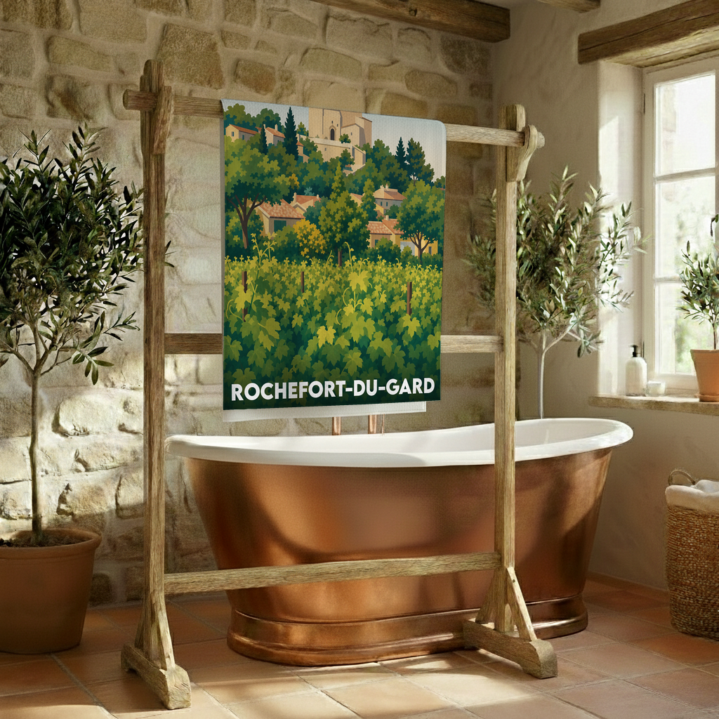 Serviette de bain souvenir de Rochefort-du-Gard illustrée d'un paysage de vignes et de village.