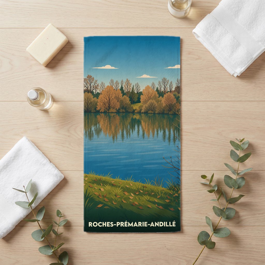 Serviette de bain souvenir de la ville de Roches-Prémarie-Andillé avec une illustration stylisée de paysage lacustre.