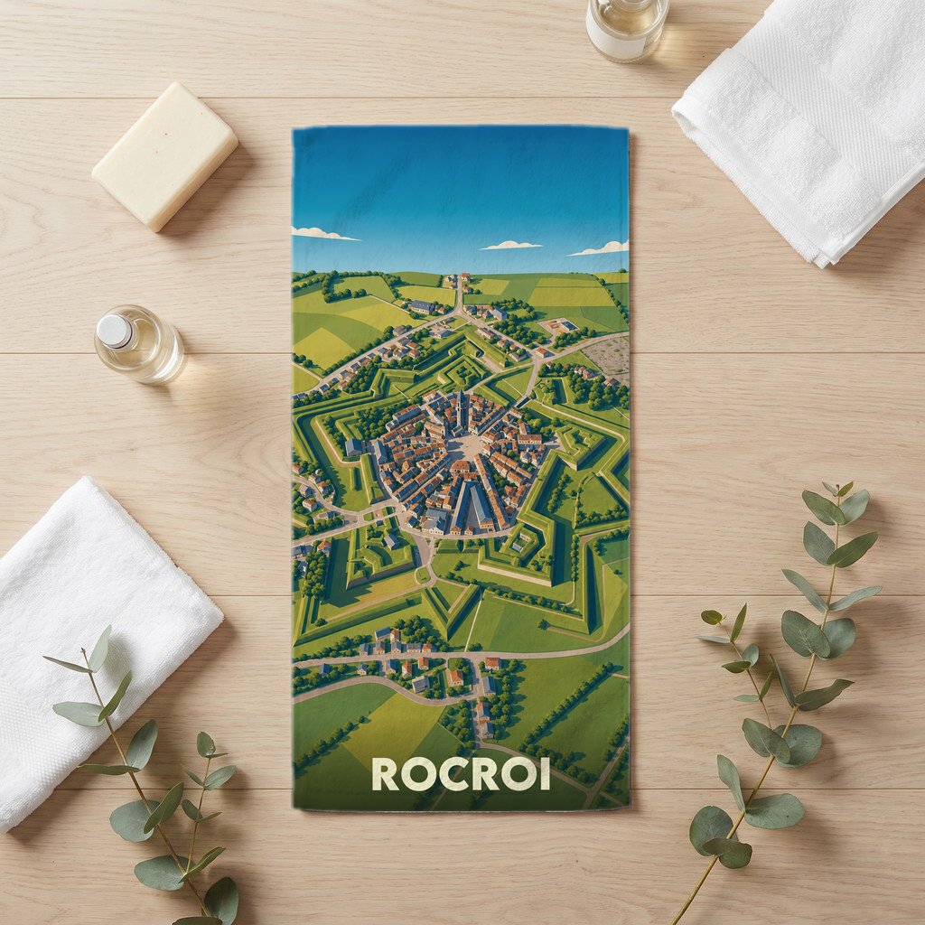 Serviette de bain souvenir de la ville de Rocroi avec une illustration stylisée vue du ciel de ses fortifications en étoile.