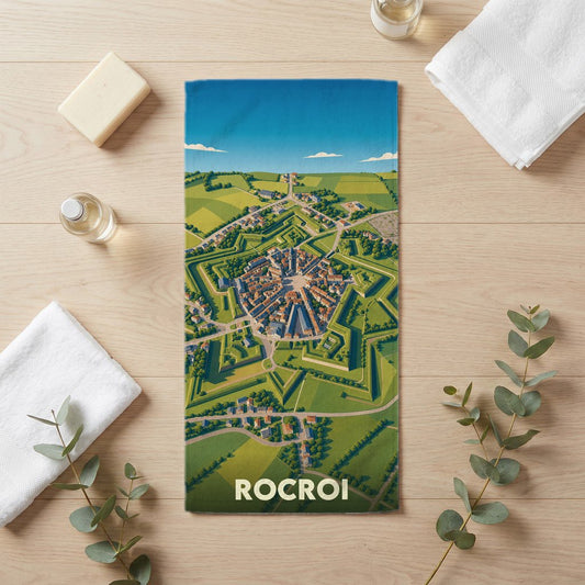 Serviette de bain souvenir de la ville de Rocroi avec une illustration stylisée vue du ciel de ses fortifications en étoile.