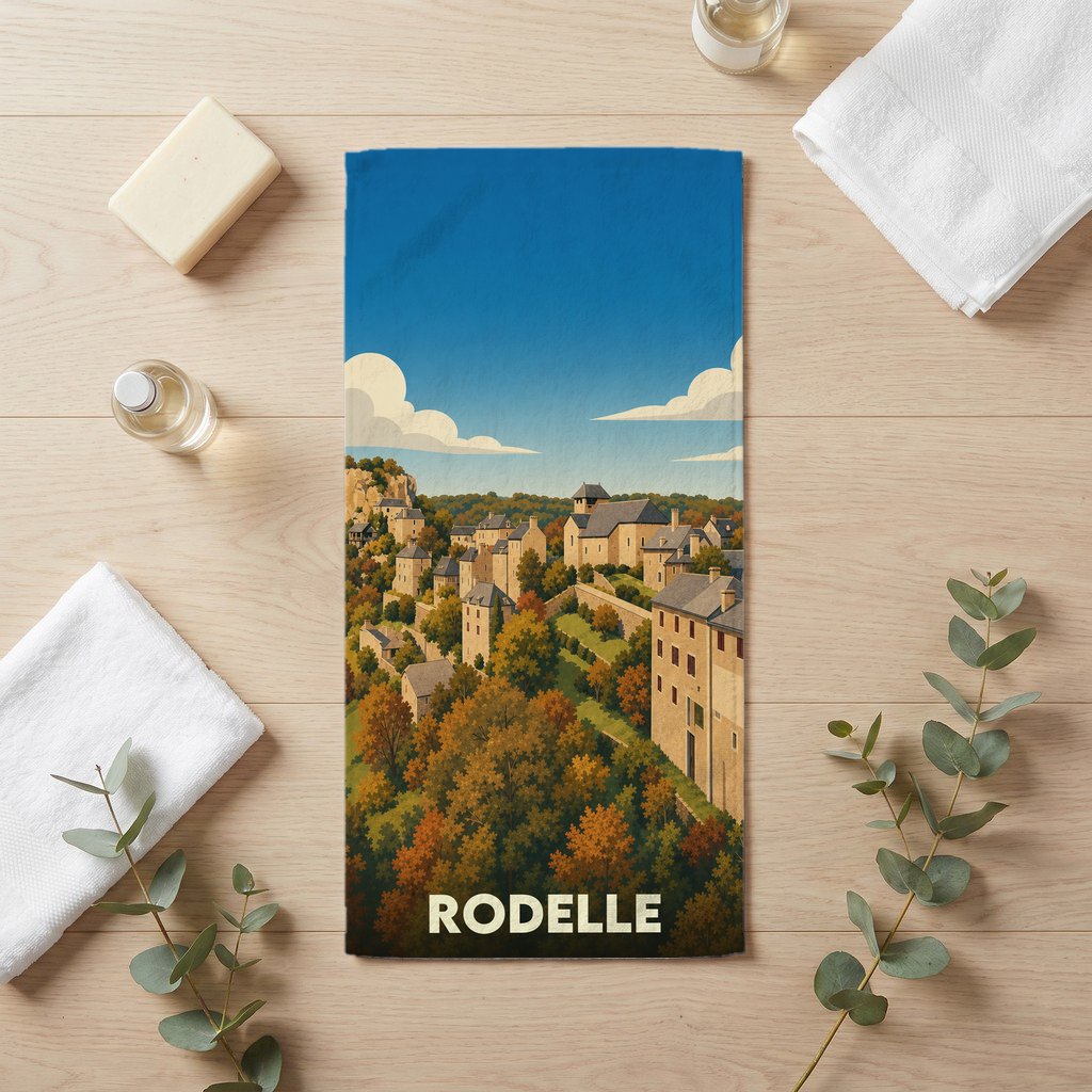 Serviette de bain souvenir de la ville de Rodelle ornée d'une illustration stylisée de son paysage vallonné.