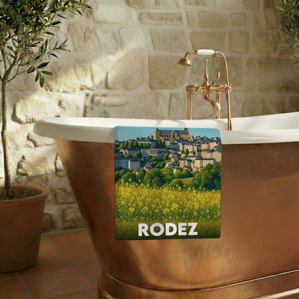 Serviette de bain souvenir de la ville de Rodez avec une illustration stylisée.
