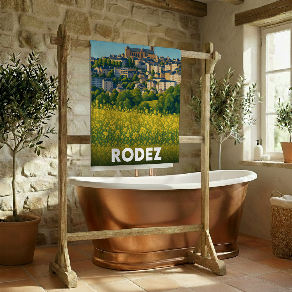 Serviette de bain souvenir de la ville de Rodez avec une illustration stylisée.