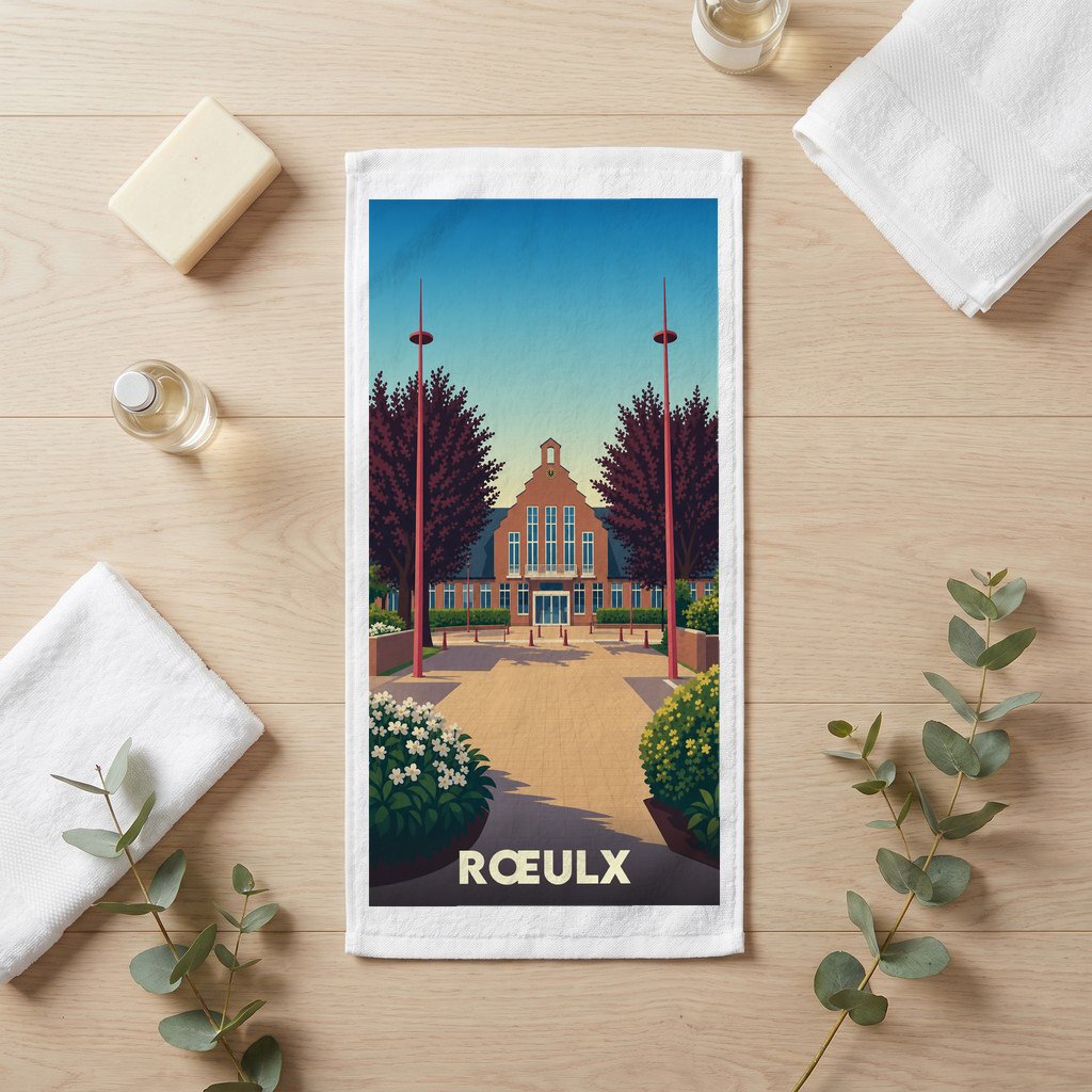Serviette de bain souvenir de la ville de Rœulx avec une illustration stylisée de son architecture.