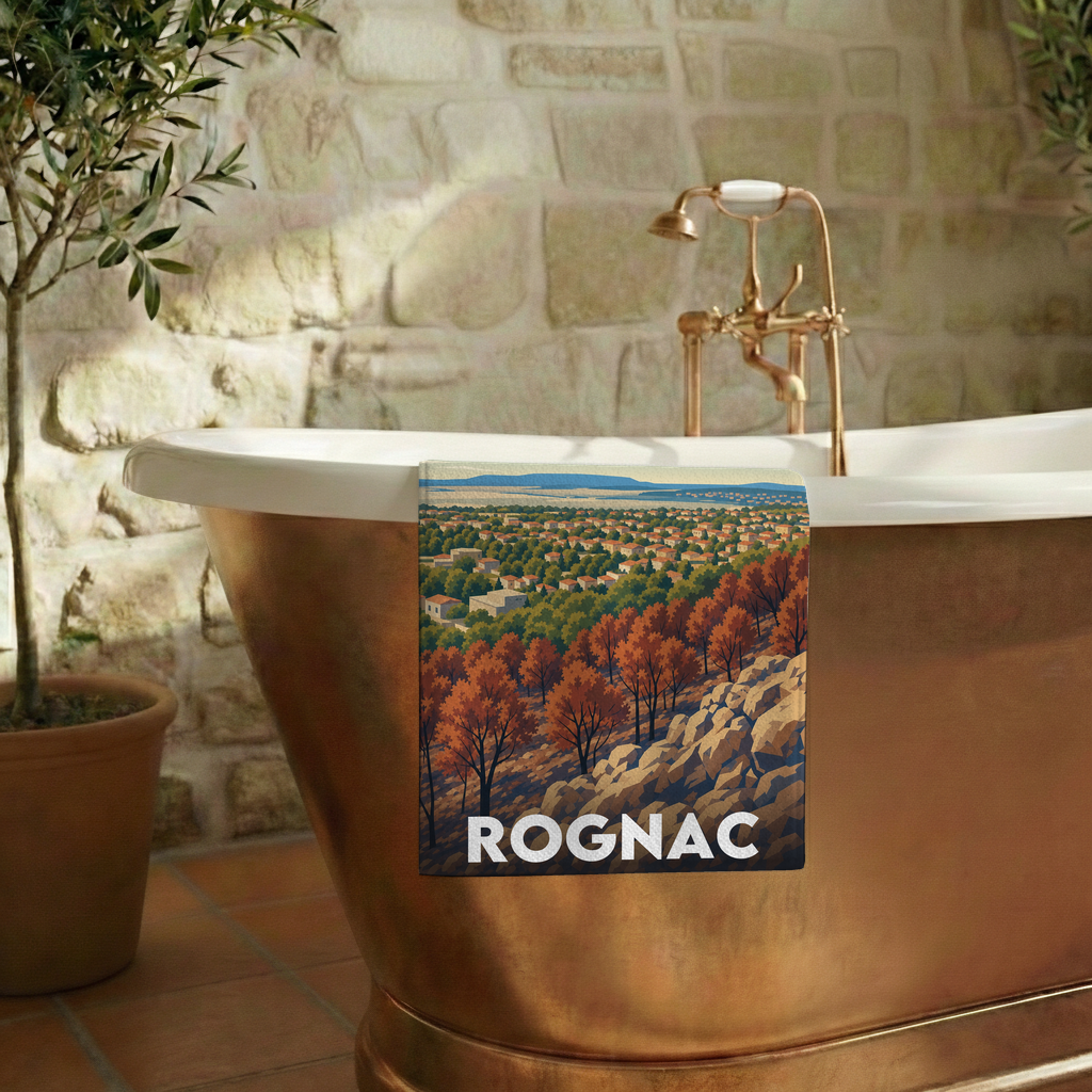 Serviette de bain souvenir de la ville de Rognac avec une illustration stylisée.