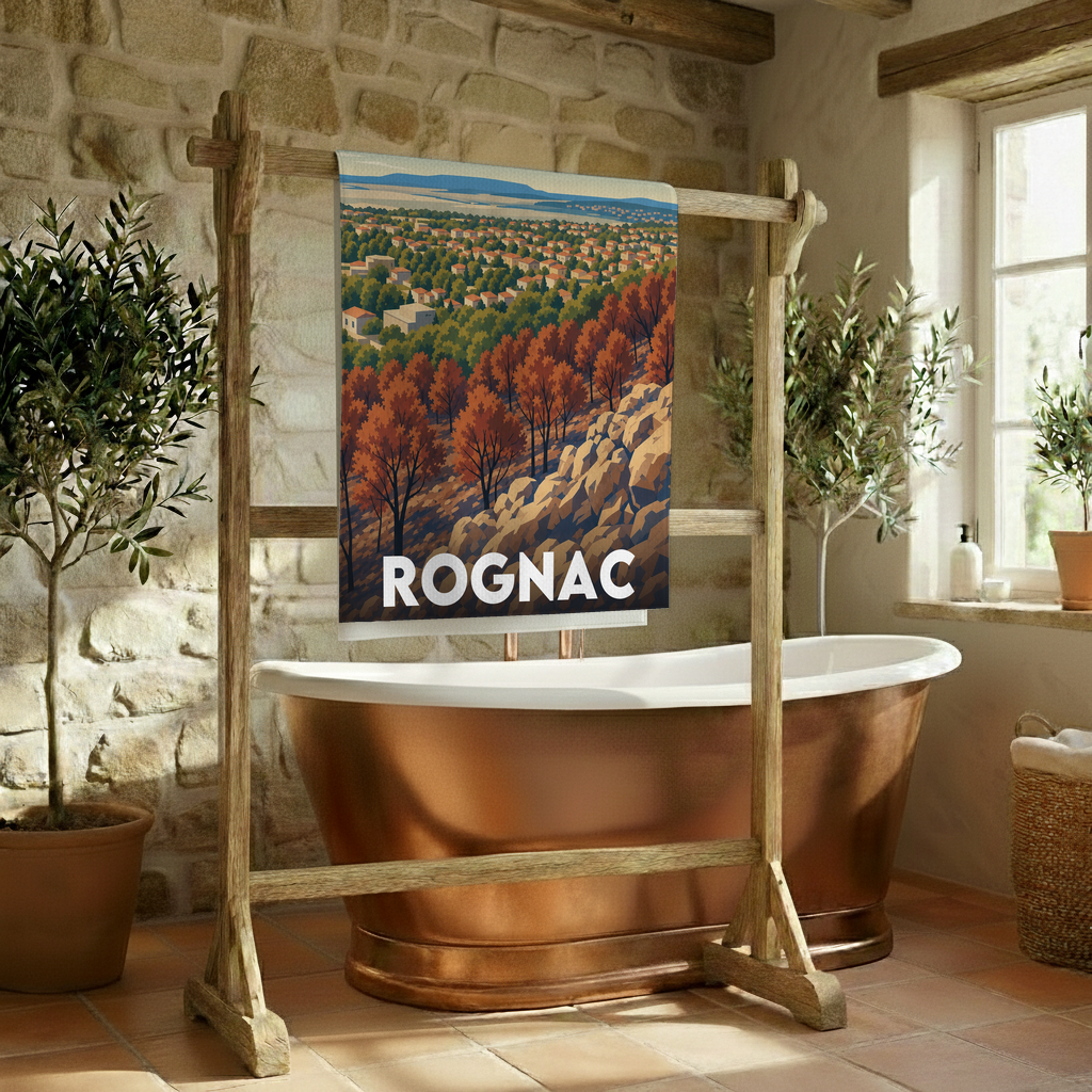 Serviette de bain souvenir de la ville de Rognac avec une illustration stylisée.