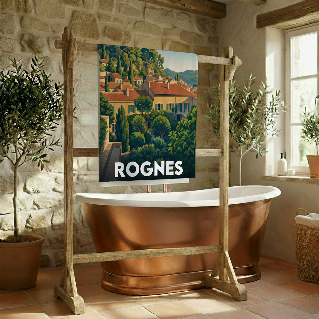 Serviette de bain souvenir de la ville de Rognes avec une illustration stylisée.