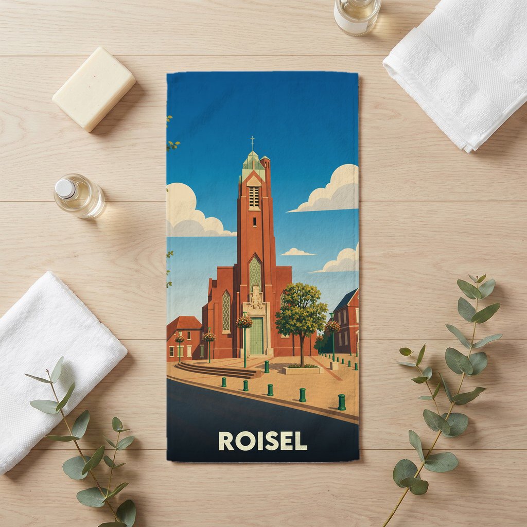 Serviette de bain souvenir de la ville de Roisel avec une illustration stylisée de son église.