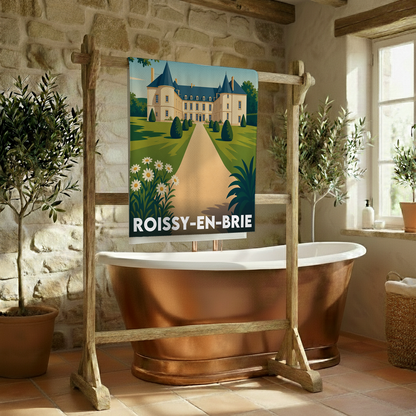 Serviette de bain souvenir de la ville de Roissy-en-Brie avec une illustration stylisée.