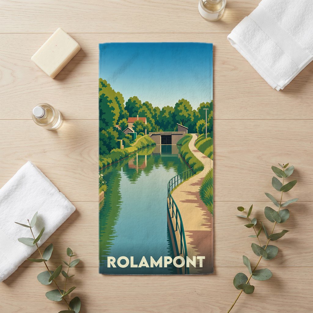 Serviette de bain souvenir de la ville de Rolampont avec une illustration stylisée d'un canal.