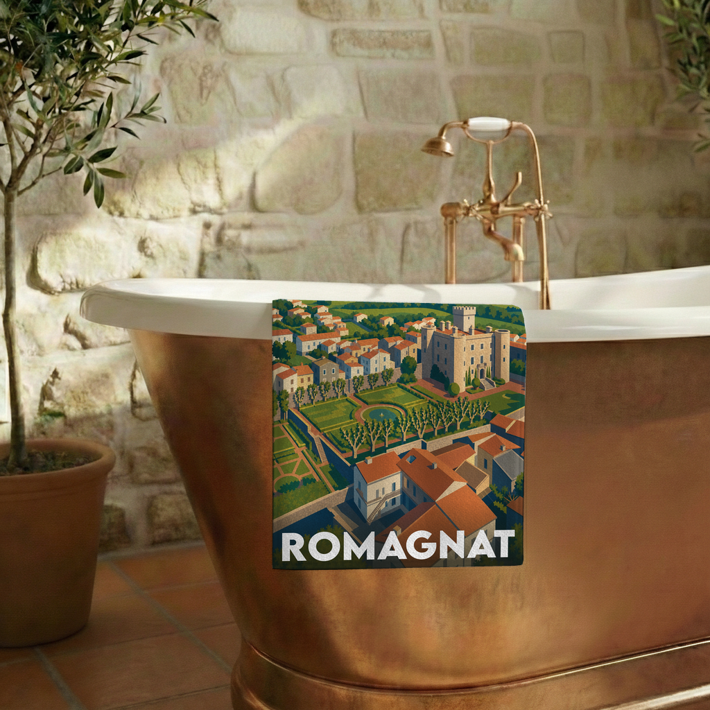 Serviette de bain souvenir de la ville de Romagnat avec une illustration stylisée de son château et de ses jardins.