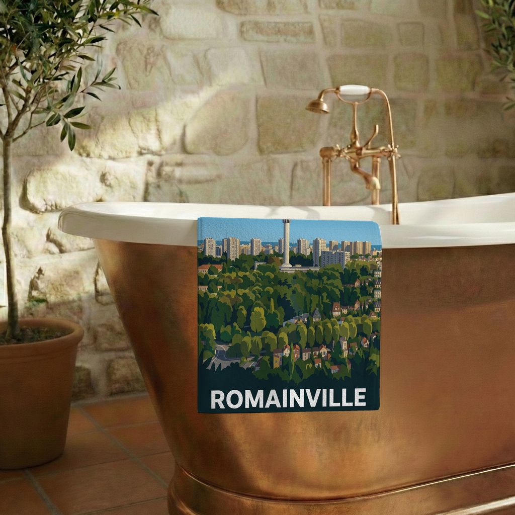 Serviette de bain souvenir de la ville de Romainville avec une illustration stylisée.