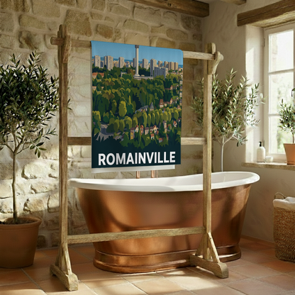 Serviette de bain souvenir de la ville de Romainville avec une illustration stylisée de son paysage urbain et arboré.