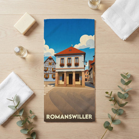 Serviette de bain souvenir de la ville de Romanswiller avec une illustration stylisée.