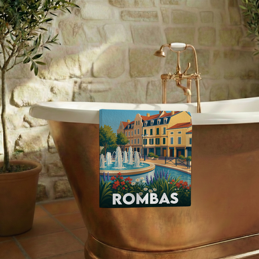 Serviette de bain souvenir de la ville de Rombas avec une illustration stylisée d'une fontaine et de bâtiments colorés.