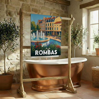 Serviette de bain souvenir de la ville de Rombas avec une illustration stylisée.