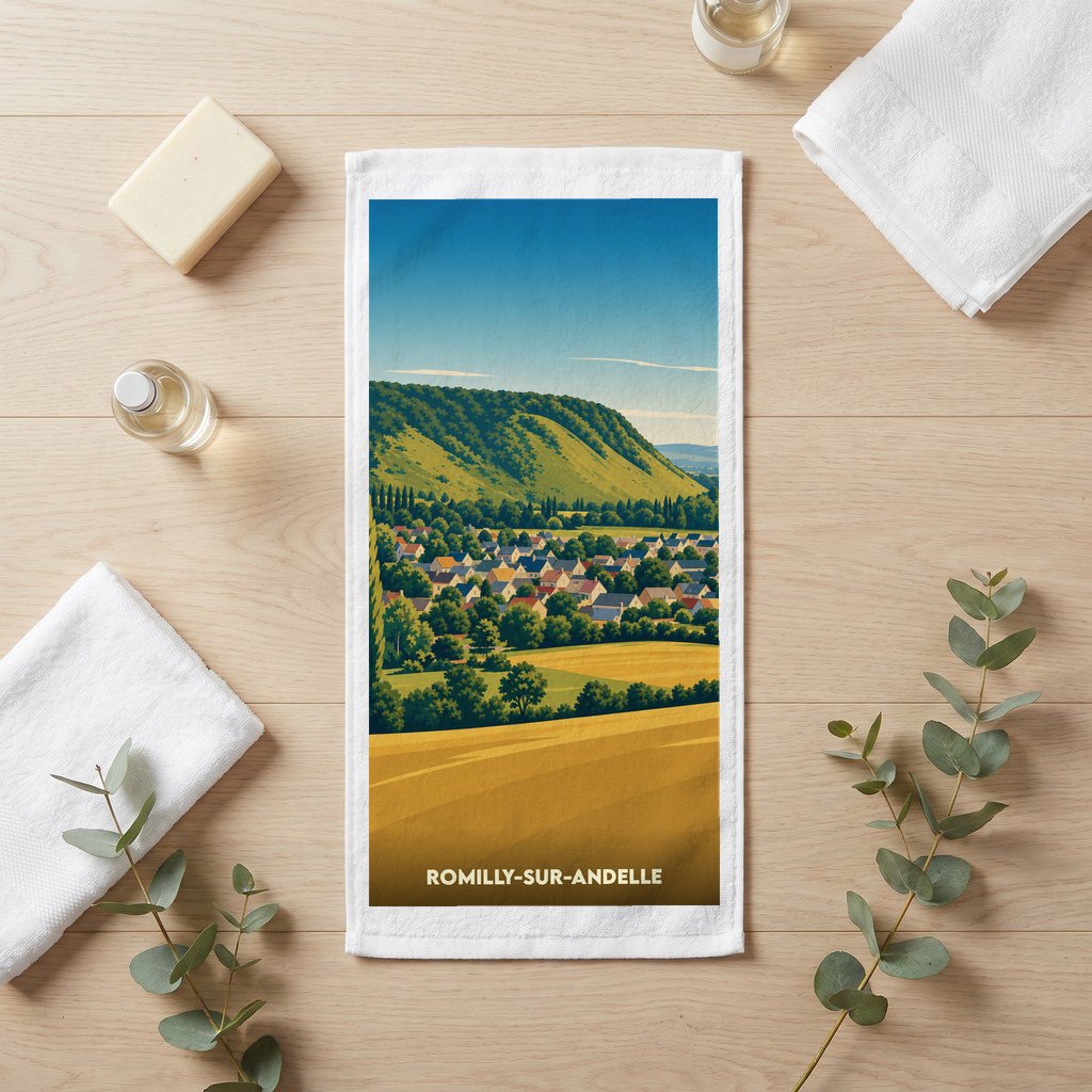 Serviette de bain souvenir de la ville de Romilly-sur-Andelle avec une illustration de paysage vallonné.