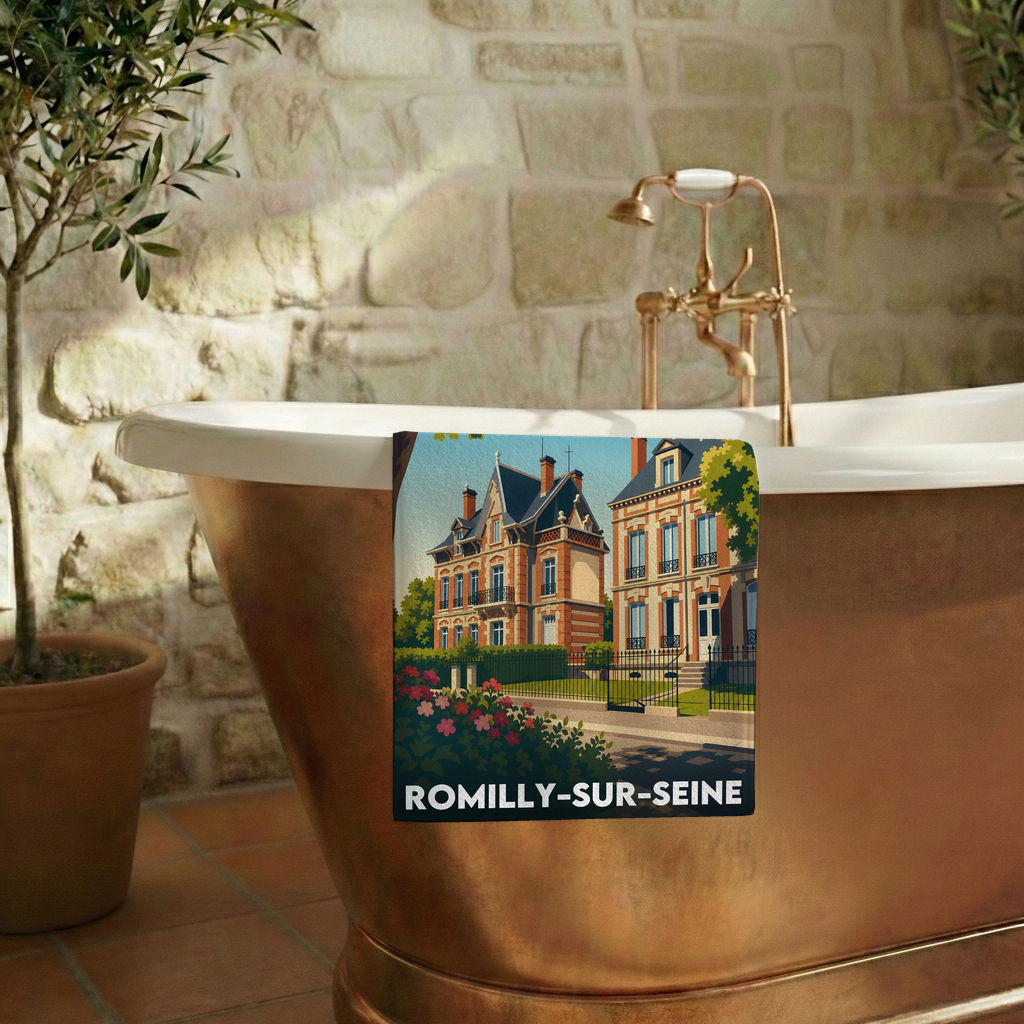 Serviette de bain souvenir de la ville de Romilly-sur-Seine avec une illustration stylisée.