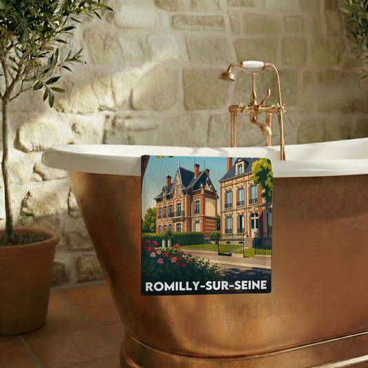 Serviette de bain souvenir de la ville de Romilly-sur-Seine avec une illustration stylisée.