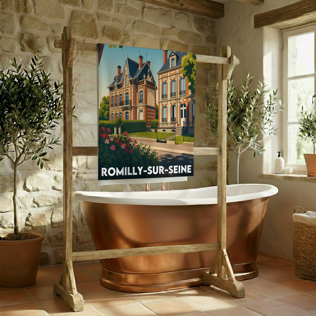 Serviette de bain souvenir de la ville de Romilly-sur-Seine avec une illustration stylisée de maisons bourgeoises et de jardins.