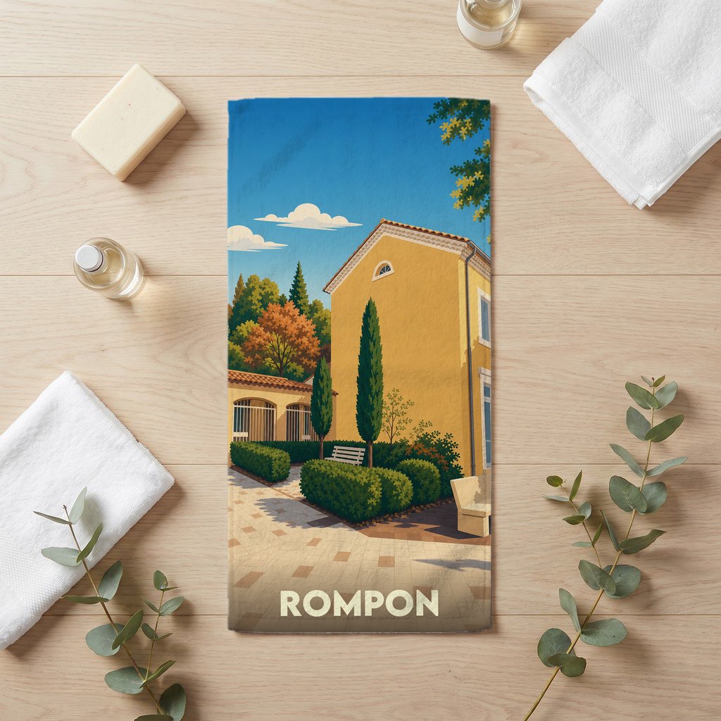 Serviette de bain souvenir de la ville de Rompon avec une illustration stylisée d'un paysage provençal.