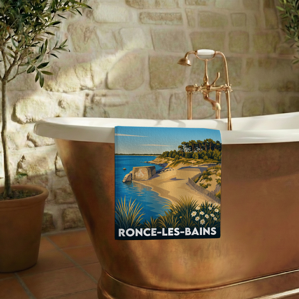 Serviette de bain souvenir de Ronce-les-Bains avec une illustration de sa côte sauvage.