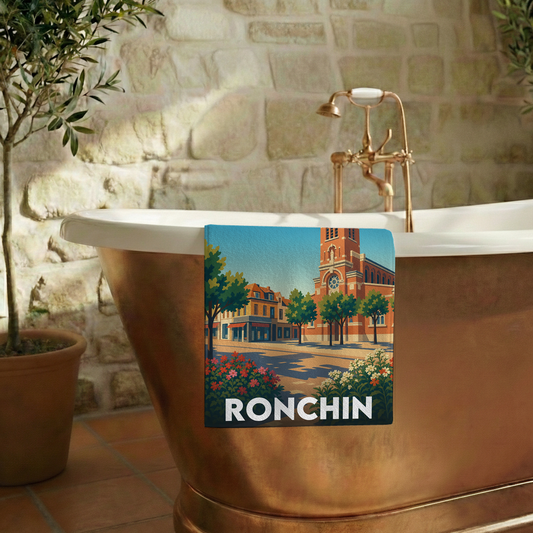 Serviette de bain souvenir de la ville de Ronchin avec une illustration stylisée.