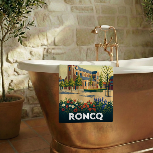 Serviette de bain souvenir de la ville de Roncq avec une illustration stylisée de son église et de fleurs.