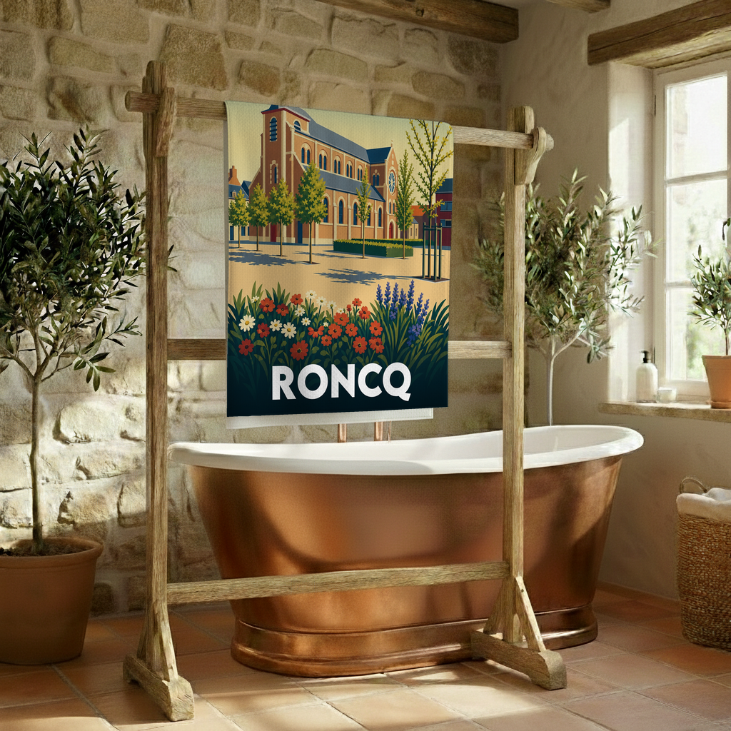 Serviette de bain souvenir de la ville de Roncq avec une illustration stylisée de son église et de parterres fleuris.
