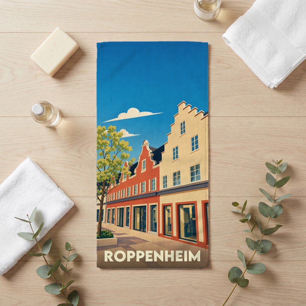 Serviette de bain souvenir de la ville de Roppenheim avec une illustration stylisée de bâtiments traditionnels alsaciens.