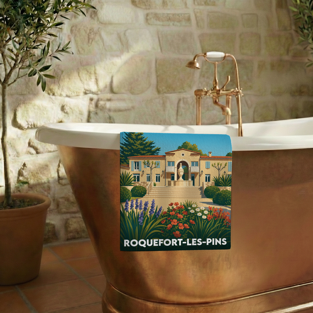 Serviette de bain souvenir de Roquefort-les-Pins illustrée d'une villa provençale et de jardins fleuris.