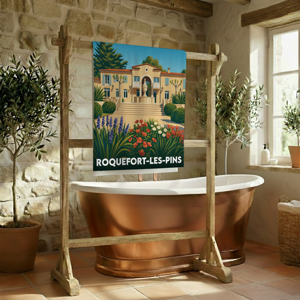 Serviette de bain souvenir de la ville de Roquefort-les-Pins avec une illustration stylisée d'une villa provençale.