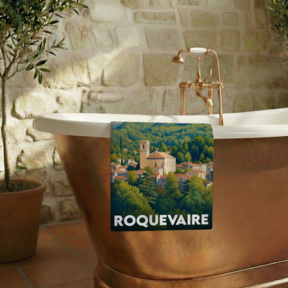 Serviette de bain souvenir de la ville de Roquevaire avec une illustration stylisée.