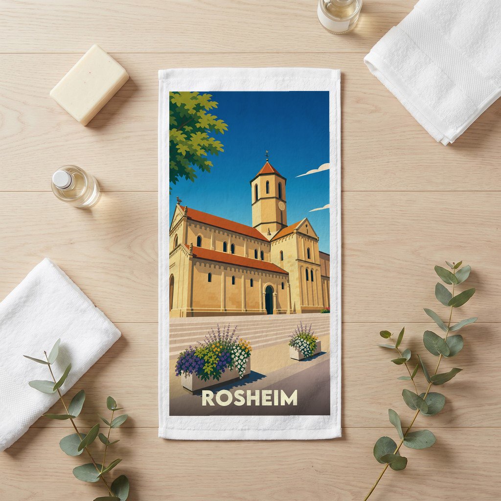 Serviette de bain souvenir de la ville de Rosheim avec une illustration stylisée de son église romane.
