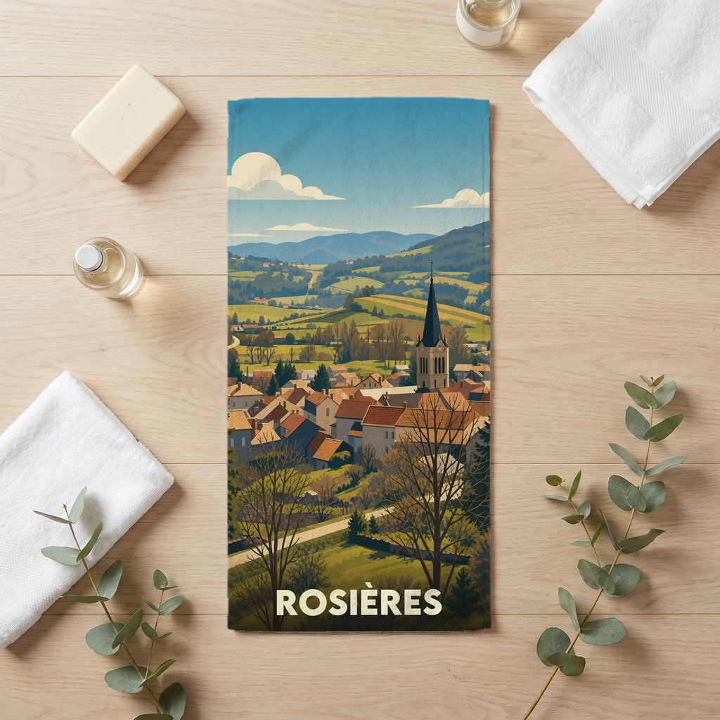 Serviette de bain souvenir de la ville de Rosières avec une illustration de paysage vallonné.