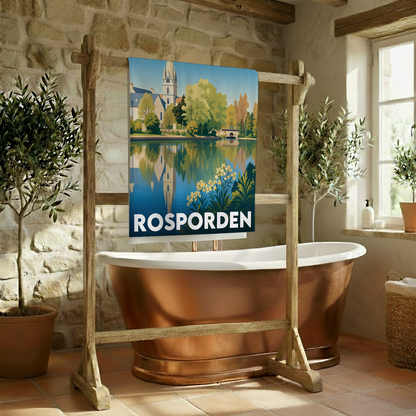 Serviette de bain souvenir de la ville de Rosporden avec une illustration stylisée.