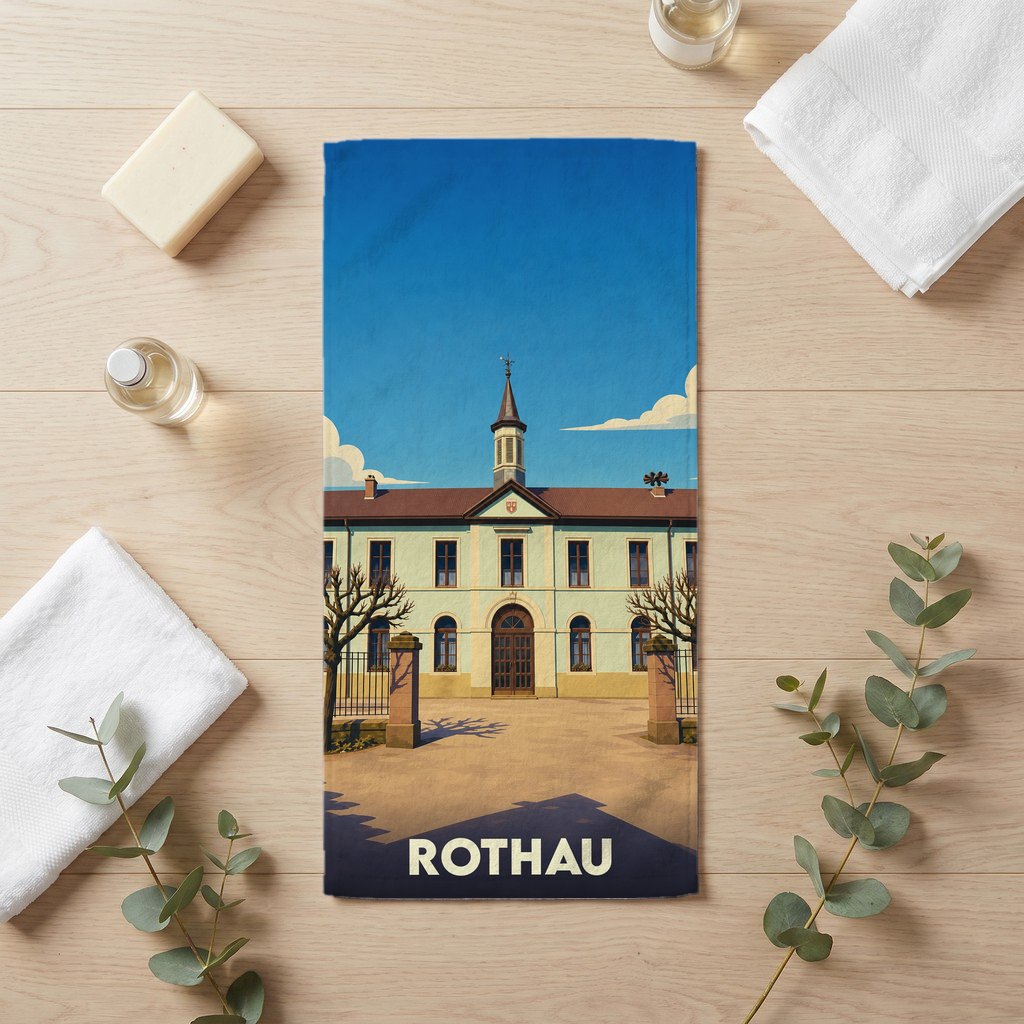 Serviette de bain souvenir de la ville de Rothau illustrée d'un bâtiment historique au style graphique épuré.