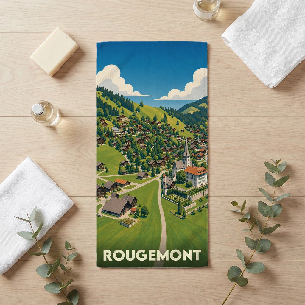 Serviette de bain souvenir de la ville de Rougemont avec une illustration stylisée de style affiche de voyage.