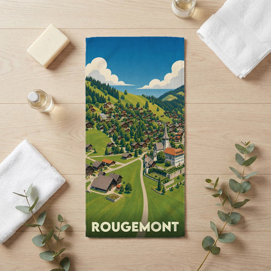 Serviette de bain souvenir de la ville de Rougemont avec une illustration stylisée de style affiche de voyage.