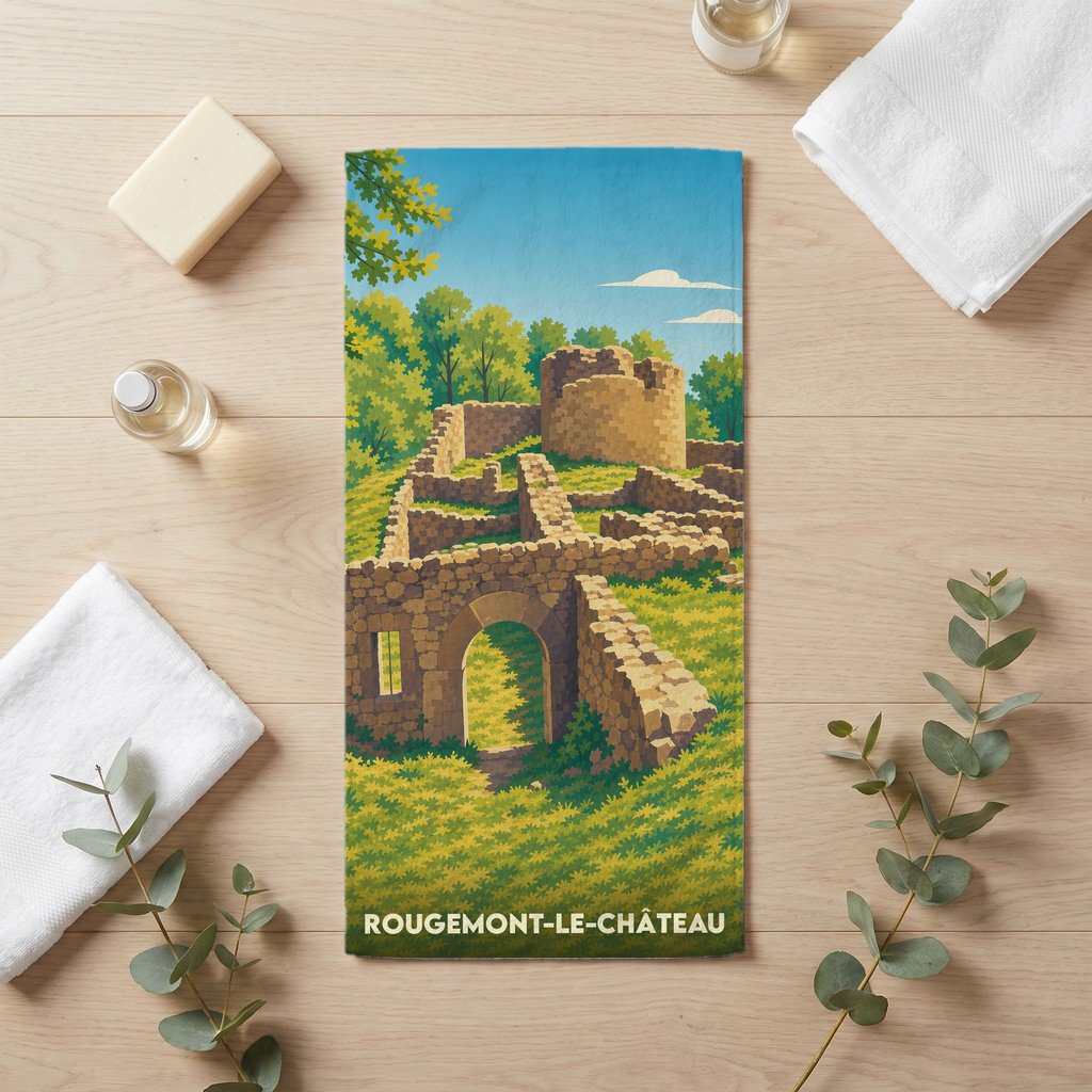 Serviette souvenir de la ville de Rougemont-le-Château avec une illustration stylisée de ses ruines médiévales.