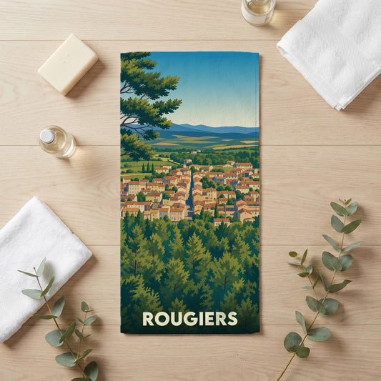 Serviette de bain souvenir de la ville de Rougiers avec une illustration panoramique stylisée.
