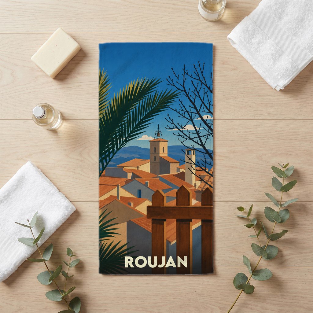 Serviette de bain souvenir de la ville de Roujan avec une illustration stylisée.