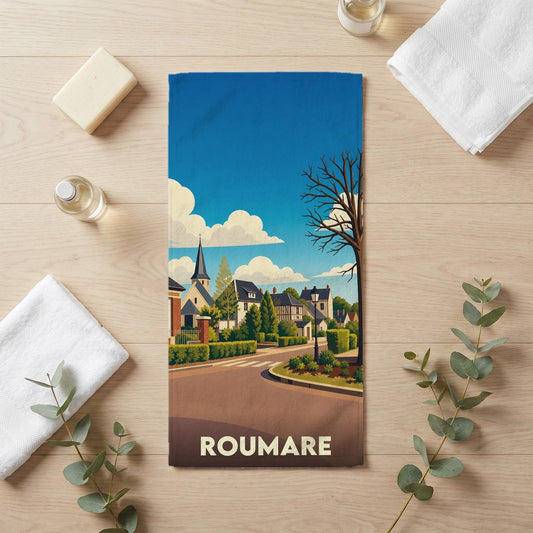 Serviette de bain souvenir de la ville de Roumare avec une illustration stylisée.