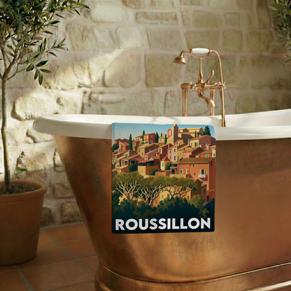 Serviette de bain souvenir de la ville de Roussillon avec une illustration stylisée.