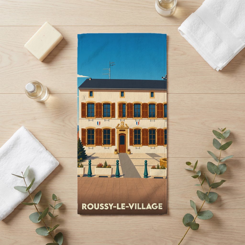 Serviette de bain souvenir de Roussy-le-Village avec une illustration stylisée de la mairie.